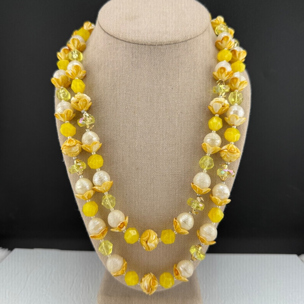 Vintage Hong Kong Beaded Necklace Yellow Layered Plastic 21"